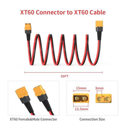 ELFCULB 10AWG 20FT XT60 Extension Cable 2 6 10 20 35 50 75 100FT XT60 Female to Male Connector for RC Battery Portable Power Station Solar Panel(20FT) | XT60 connector cable with stranded tinned copper wire for battery charging, power distribution, and eq