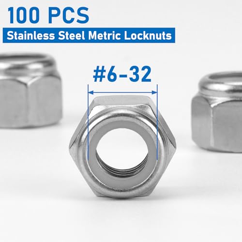 100 Pack 304 A2-70#6-32 Nylon Lock Nuts | 100 Pack 304 A2-70 Stainless Steel #6-32 Nylock Nuts, Anti-Loose, for Micro Light Duty Industrial & Home Fastening - color: Silver, size: #6-32