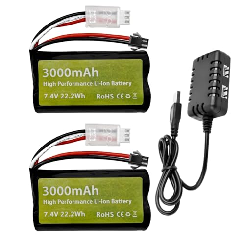 sea jump 2PCS 7.4V 3000mah 15C 2S SM-2P Plug Li-ion Battery with 2-in-1 Charger for H105 H103 H101 RC Ship,MN D99 D99s D90 D91 RC Car,Truck RC Boat Engineering Vehicle Backup Battery