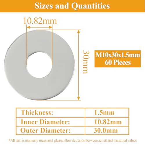 60 Pieces M10x30x1.5mm Fender Washers, 304 Stainless Steel Flat Washers, Fender Washers, Metal Washers for Screws Bolts - size: M10X30X1.5mm