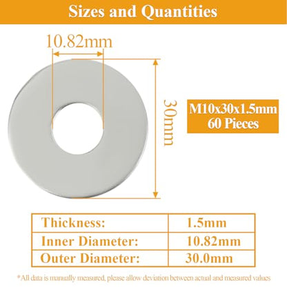 60 Pieces M10x30x1.5mm Fender Washers, 304 Stainless Steel Flat Washers, Fender Washers, Metal Washers for Screws Bolts - size: M10X30X1.5mm
