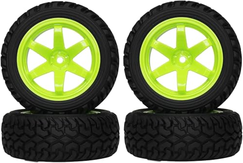 4PCS 75mm Rubber Tires and 6Spokes Plastic Wheel Rims Tyre for 1/10 RC On-Road Drift Racing Car 1:14 1:16 Rally Car for Tamiya Kyosho HPI HSP TT02 Upgrades Parts (Green) - color: Green