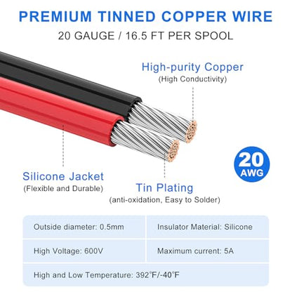 20 AWG Stranded Wire Spool, 16.5ft Silicone Electrical Tinned Copper Wire, 20 Gauge Flexible Red Black Cable Hook Up Wire Kit for DIY, Automotive, Home, and Power Wiring - size: 16.5FT 2 Colors, style: 20AWG
