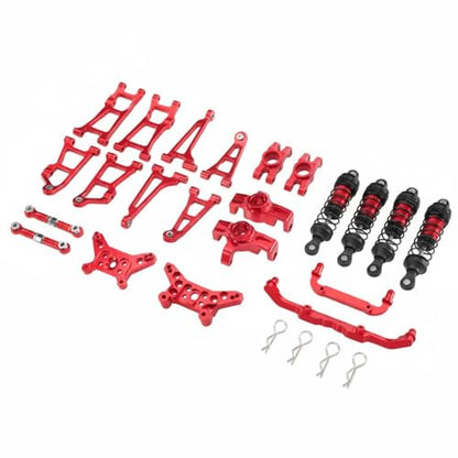 Set RC Car Kit Chassis Upgrade Steering Cups Swing Arms Aluminum 6061 CNC Machined Adjustable Tie Rods Semi Metal Shocks Suitable for 1/14 14211, Red - color: Red