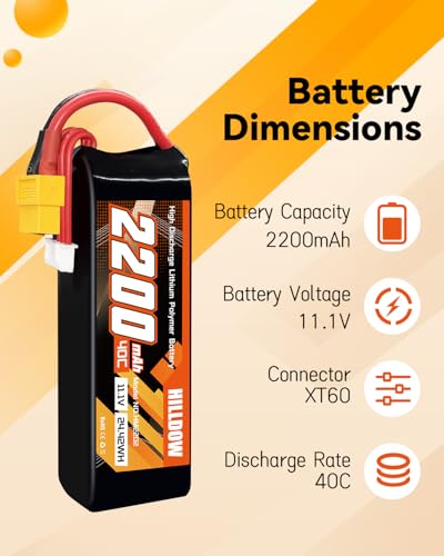 Hilldow 2200mAh Lipo Battery 3S 11.1V 40C RC Battery with XT60 Plug for RC Car Truck RC Vehicles Boat Drone RC Airplane Quadcopter Helicopter