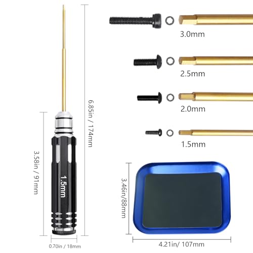 HobbyPark 4pcs 1.5mm 2.0mm 2.5mm 3.0mm Hex Screw Driver Set Titanium Hexagon Screwdriver Wrench Tool Kit Allen Keys, Screw Tray, Hex Wrench RC Repair Tools