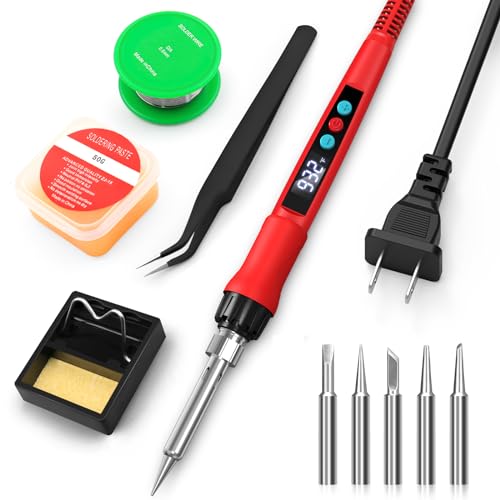 Soldering Iron Kit, 100W Soldering Gun with LED Digital Display, Adjustable Temperature 356-932℉ Solder Kit for Electronics, Includes Soldering Iron Tip, Solder Wire, Stand, Tweezers and Paste, Red - color: Red