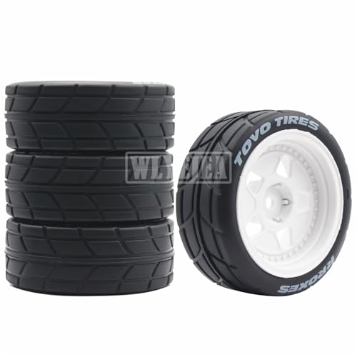 4PCS RC 1/10 On-Road Tires 65mm RC Rubber Tires w/Plastic Wheel Rim 12mm Hex Fit for 1/10 RC On-Road Rally Car HPI Tamiya TT01 TT02 Kyosho Wltoys 144001 - color: White 3