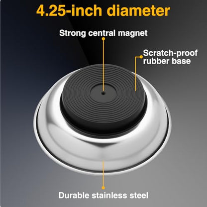GRENPRO 4-Pack Magnetic Parts Tray Set, 2 Round 2 Square, Stainless Steel | Heavy-duty trays with extra strong magnet hold nuts, bolts, screws; anti-slip base, auto repair workshop storage - style: Square & Round (Stickers Included)