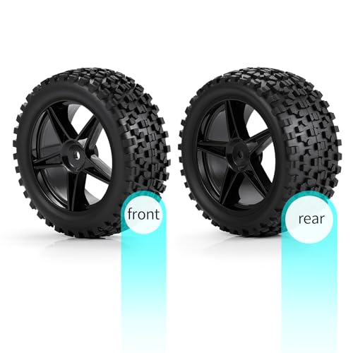 4Pack 12mm Hex Wheel 5 Spoke Rims High Grip Rubber Tires Front Rear Tyres for 1/10 RC Off-Road Buggy Car (Black)