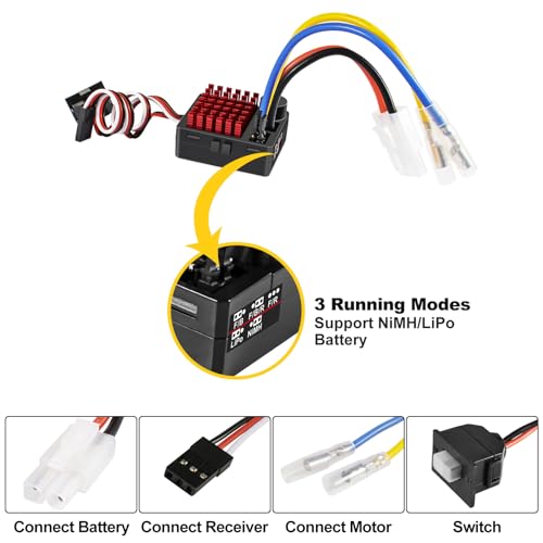 WP 1060 2-3s 60A Brushed ESC [Tamiya Plug] Waterproof Brushed Electronic Speed Controller with Switch Mode BEC, RC ESC for 1/10 Scale RC Crawler Car Trucks - color: Black-white
