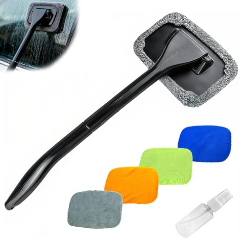 Car Windshield Cleaner Tool, Microfiber Windshield Cleaning Tool with 4 Soft Pads Rotatable Head Cleaning Kit Spray Bottle, Car Accessories Auto Glass Cleaner for Windows