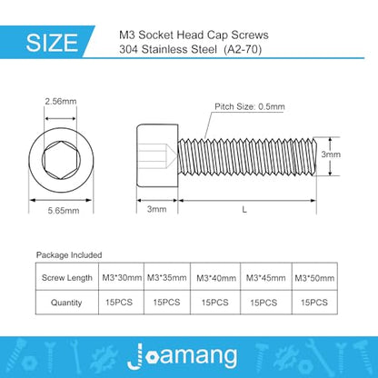 M3 x 30mm 35mm 40mm 45mm 50mm Socket Head Cap Screws Bolts, Stainless Steel 304, Metric Allen Hex Drive, Bright Finish, Fully Threaded, Assortment Kit 75PCS - size: Socket M3x30-50 mm
