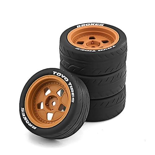 1/10 Rally Racing Tire OD 2.68'' and Wheels 12mm Hex RC On Road Tyres for 1:10 Scale Touring Street Drift Car Tamiya TT01 TT02 XV01 TA06 A959 PTG2 HPI KYOSHO HSP PTG2 Traxxas 4PCS (Brown)