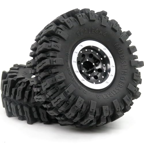 RC 64 * 25mm 1.0 Mud Slingers tires wheels set, 1/18 1/24 1.0 Tires Tyres & 1.0 beadlock wheels (2 offsets option) Rims For RC Mini Crawler 1/24 SCX24 1/18 TRX4M FMS 24 - color: Silver & Black