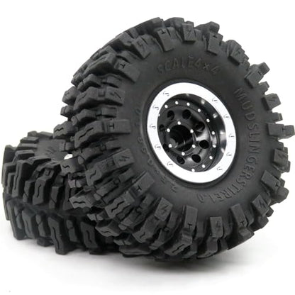 RC 64 * 25mm 1.0 Mud Slingers tires wheels set, 1/18 1/24 1.0 Tires Tyres & 1.0 beadlock wheels (2 offsets option) Rims For RC Mini Crawler 1/24 SCX24 1/18 TRX4M FMS 24 - color: Silver & Black