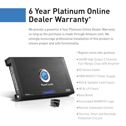 Planet Audio AC2600.2 Anarchy Series 2 Channel Class A/B Car Amplifier - 2600 High Output, 2-8 Ohm Stable, High/Low Level Inputs, High/Low Pass Crossover, Full Range, Hook Up to Subwoofer for Bass