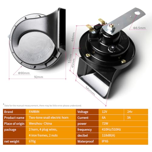 FARBIN Horns Auto Horn 12V Car Horn Loud Dual-Tone Waterproof Electric Horn | Black classic design, waterproof, 12V 130dB loud, universal for any 12V vehicles - style: 12V Black car horn