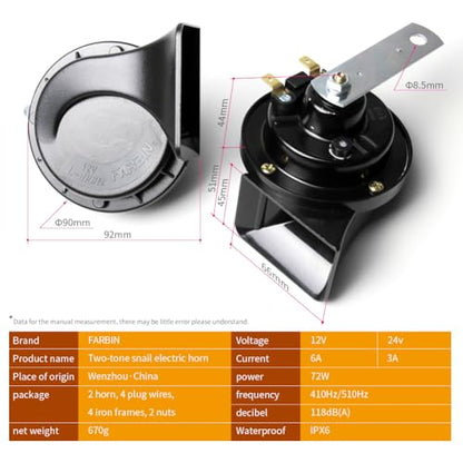 FARBIN Horns Auto Horn 12V Car Horn Loud Dual-Tone Waterproof Electric Horn | Black classic design, waterproof, 12V 130dB loud, universal for any 12V vehicles - style: 12V Black car horn