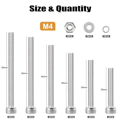VGBUY 298pcs M4 Screws Assortment, M4 Screws Bolts for 3D Printer DIY, Hex Socket Head Cap Screw Bolts Nuts Washer Kit, 304 Stainless Steel, 25/30/35/40/45/50mm - size: M4x25/30/35/40/45/50mm, style: Socket Head