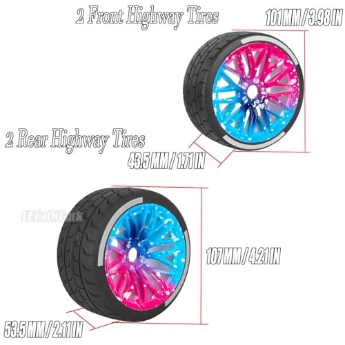 RC Wheels and Tires for 1/7 Felony 6S BLX,RC Highway Wheel Rubber Tires,4PCS RC Drift Car Highway Tires Road Soft Tires,Blue Pink - color: Blue Pink - (4pcs Highwaytires)