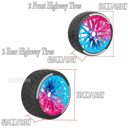 RC Wheels and Tires for 1/7 Felony 6S BLX,RC Highway Wheel Rubber Tires,4PCS RC Drift Car Highway Tires Road Soft Tires,Blue Pink - color: Blue Pink - (4pcs Highwaytires)