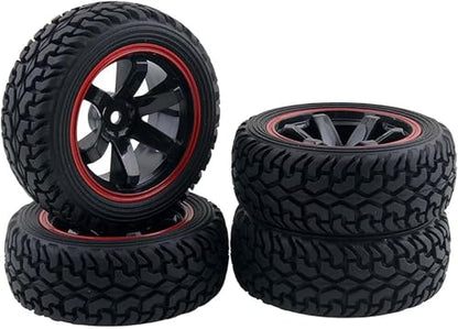 4PCS 75mm Rubber Tires and 6Spokes Plastic Wheel Rims Tyre for 1/10 RC On-Road Drift Racing Car 1:14 1:16 Rally Car for Tamiya Kyosho HPI HSP TT02 Upgrades Parts (Black Red) - color: Black Red