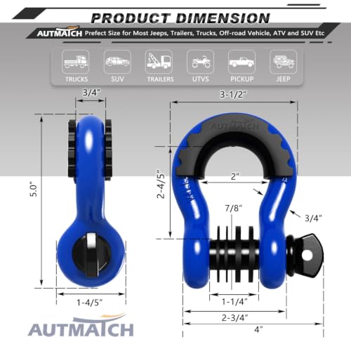 AUTMATCH 3/4" D Ring Shackles (2-Pack) - 41,887 lbs Break Strength | Clevis Shackle with 7/8" Pin & Isolator Washer Kit for Tow Strap, Winch, Towing & Off-Road Vehicle Recovery, Blue & Black - color: Blue & Black