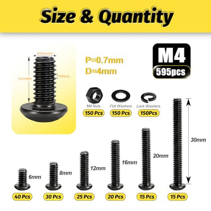 KADRICK 595Pcs M4 Screw Kit,Hex Socket Button Head M4 Bolts Length 6MM-30MM | M4 Machine Screws with Nuts Flat & Lock Washers, Class 10.9 Alloy Steel,Black Oxide Finish - size: M4 600Pcs 6-30mm
