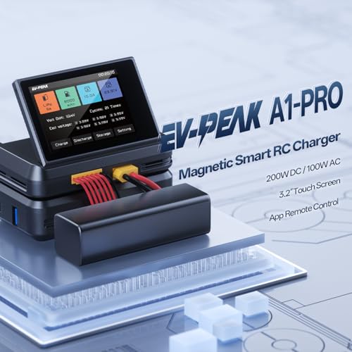 EV-Peak A1PRO LiPo Battery Charger, 200W 10A RC Balance Charger/Discharger with Touch Screen for 1S-6S LiPo, LiHV, LiIon, Life, NiMH, NiCd and Pb Batteries for FPV,RC Car,Drone