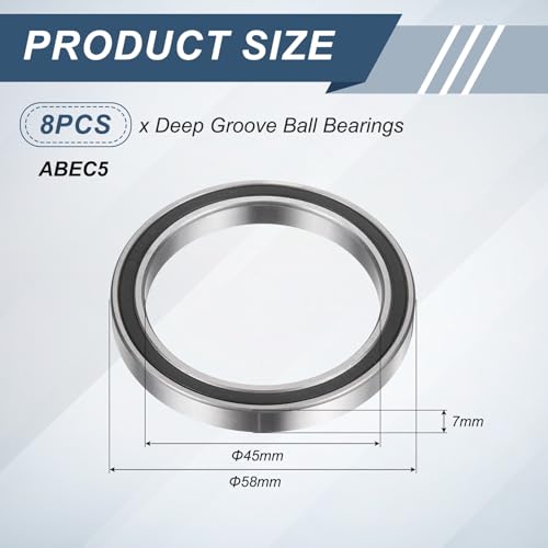 uxcell 8Pcs 6809 2RS 45mmx58mmx7mm Deep Groove Ball Bearings, Double Rubber Shielded Bearing Steel ABEC5 High Performance for Industrial Machinery Precision Transmission, Black - size: 6809 2RS 45mmx58mmx7mm