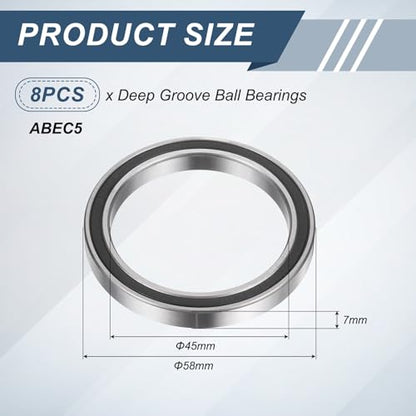 uxcell 8Pcs 6809 2RS 45mmx58mmx7mm Deep Groove Ball Bearings, Double Rubber Shielded Bearing Steel ABEC5 High Performance for Industrial Machinery Precision Transmission, Black - size: 6809 2RS 45mmx58mmx7mm