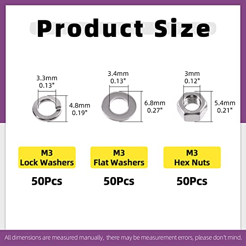 Swpeet 150Pcs Metric 304 Stainless Steel M3 Hex Nuts and M3 Flat Washers with Split Lock Washers Assortment Kit, Coarse Thread Hexagon Nut for Home Automotive Shop Use - size: M3 Hex Nuts & Washers