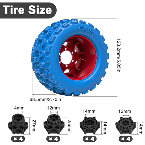 LRFHL MX28 F/R 2.8" RC Monster Truck Tires and Wheels 4PCS, Blue | 12mm/14mm Hex Adapter, 1/10 RC Monster Truck, Compatible with Traxxas Stampede Rustler Redcat Arrma Vorteks Big Rock Granite - color: Blue Tires+ Red Hex Wheel-4