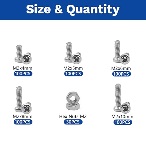 530Pcs M2 304 Stainless Steel Metric Micro Screws Nuts Assortment | M2x4/5/6/8/10mm Sizes, Phillips Pan Head, Fully Threaded Kit for Arduino, RC Models, Electronics, DIY Projects - size: M2x4/5/6/8/10- 530 Pcs
