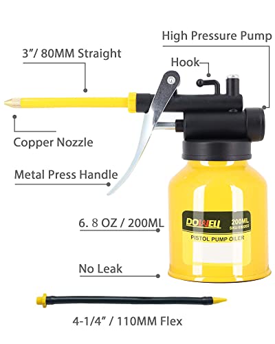 DOWELL Pistol Pump Oiler Metal Oil Can Lubrication Oil Gun 6.8oz 200ml Can Bottle with Straight Flexible Spout Yellow HY050203 - size: 6.8 oz