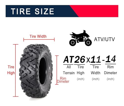 Set of 2 26x11-14 Heavy Duty ATV All Terrain Tubeless Off-Road Tires 6 PR, Directional Grip for Mud Trail Sand, Replacement Tire for ATV UTV Vehicles - size: 26x11-14