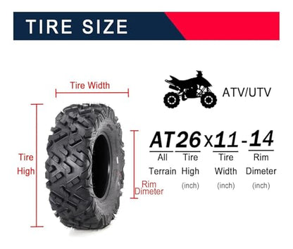Set of 2 26x11-14 Heavy Duty ATV All Terrain Tubeless Off-Road Tires 6 PR, Directional Grip for Mud Trail Sand, Replacement Tire for ATV UTV Vehicles - size: 26x11-14