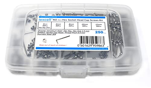 iexcell 250 Pcs M2 x 4/6/8/10/12 Stainless Steel 304 Hex Socket Head Cap Screws Bolts Assortment Kit - size: M2 x 4/6/8/10/12mm