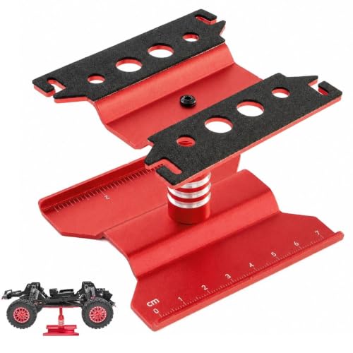 RC Car Repair Stand for 1/18 1/24 RC Cars, Aluminum Rotating Lift | Aluminum alloy, 360 degree rotating lift with magnetic pad, scale ruler, shock holes and anti-slip feet - color: Red