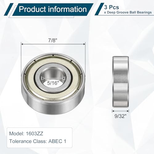 uxcell 3 Pcs 1603ZZ Deep Groove Ball Bearing 5/16" x 7/8" x 9/32" Double Metal Sealed, Chrome Steel Bearings - size: 1603ZZ 5/16" x 7/8" x 9/32"