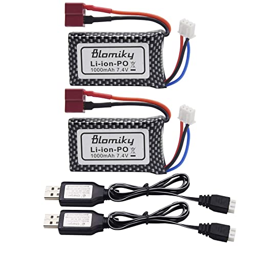 Blomiky 2 Pack 7.4V 2S 30C 1000mAh 7.4Wh Lipo Battery T Plug Suitable for Haiboxing 18859E 18858 16890A and XLH Q903 RC Trucks / Q903 Battery and USB