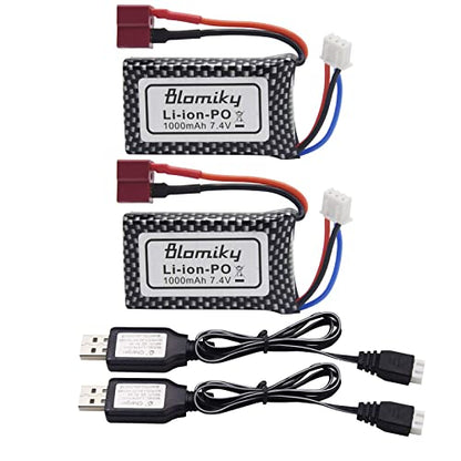 Blomiky 2 Pack 7.4V 2S 30C 1000mAh 7.4Wh Lipo Battery T Plug Suitable for Haiboxing 18859E 18858 16890A and XLH Q903 RC Trucks / Q903 Battery and USB