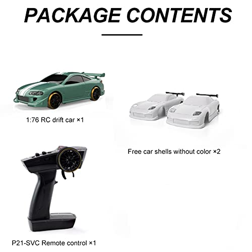 FLYCOLOR Turbo Racing C62 1:76 Scale Drift RC Car with Gyro Mini Full Proportional RTR 2.4GHZ Remote Control with 2 Replaceable Body Shell(Grayish Green) - color: Green2-drift