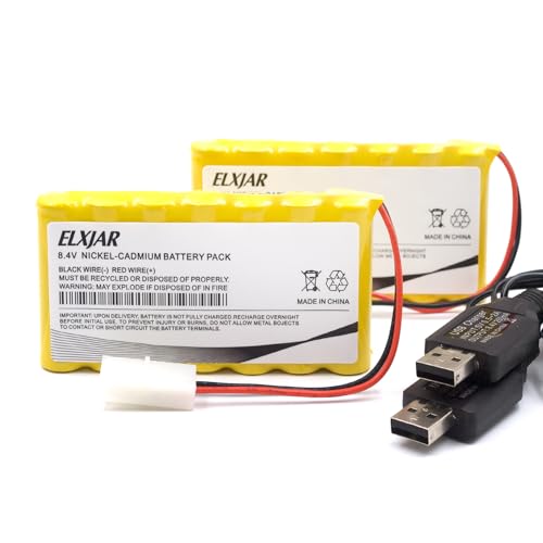 (2-Pack) 8.4V 800mAh Ni-Cd Battery with Tamiya Connector & USB Charger | For RC cars, trucks, tanks, electric toys and lighting; includes 2 rechargeable battery packs and 2 USB chargers.