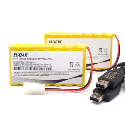 (2-Pack) 8.4V 800mAh Ni-Cd Battery with Tamiya Connector & USB Charger | For RC cars, trucks, tanks, electric toys and lighting; includes 2 rechargeable battery packs and 2 USB chargers.