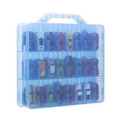 Double Sided Storage Case for 48 Cars, Matchbox Cars, Mini Toys, Small Dolls - Portable Transparent Case (Blue) - color: Blue-48