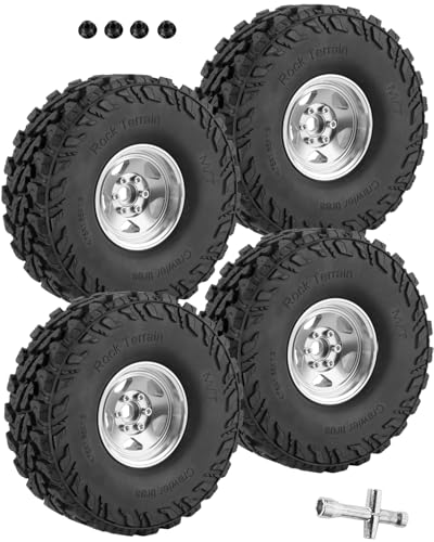 RC Alloy 1.9" Beadlock Wheels and Tires for 1/10 RC Crawler TRX4 SCX10 SCX10 III 90046 D90,1.9 RC Wheels and Tires 1.9 Beadlock Tires RC Rims,4 Packs,Silver - color: Silver(4pcs)