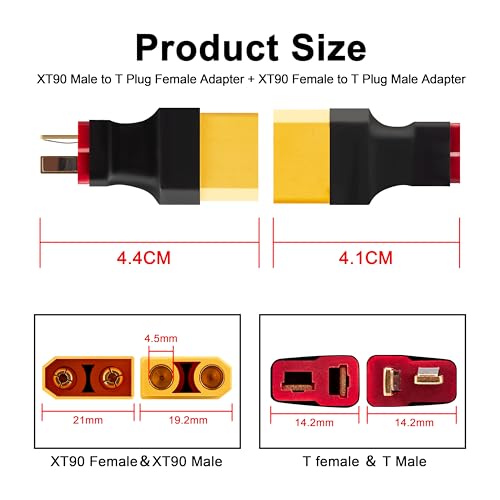 XT90 to T Plug Adapter, 4PCS Industrial-Grade Connector (2 XT90 Male to T Female & 2 XT90 Female to T Male) for High Current 6S+ LiPo Battery, FPV Drone, RC Car, ESC (150A) -40°F to 257°F