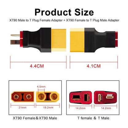 XT90 to T Plug Adapter, 4PCS Industrial-Grade Connector (2 XT90 Male to T Female & 2 XT90 Female to T Male) for High Current 6S+ LiPo Battery, FPV Drone, RC Car, ESC (150A) -40°F to 257°F